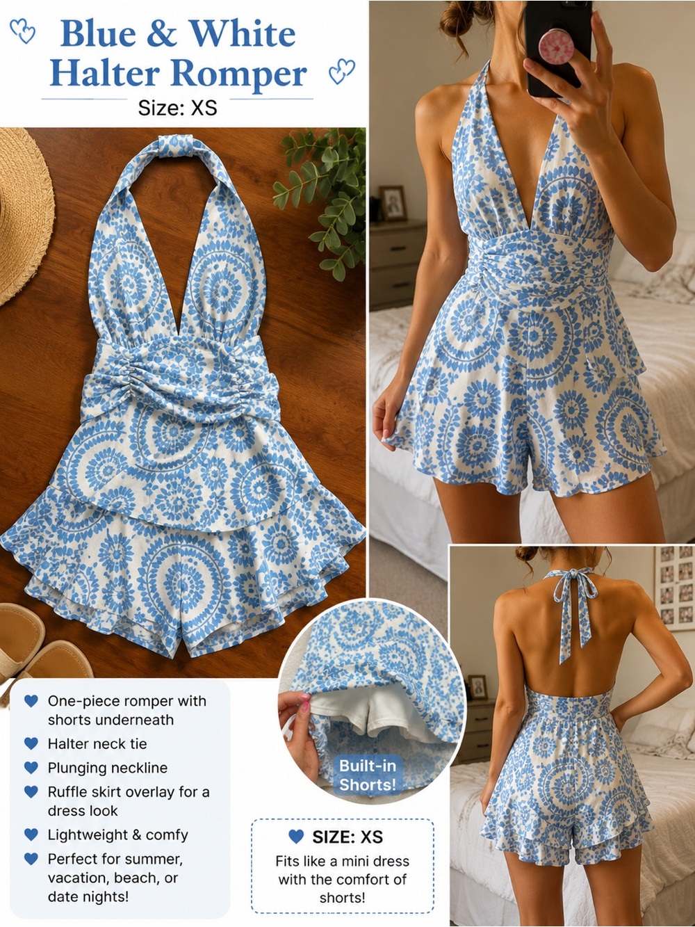 SHEIN Blue & White Halter Tie-Back Romper